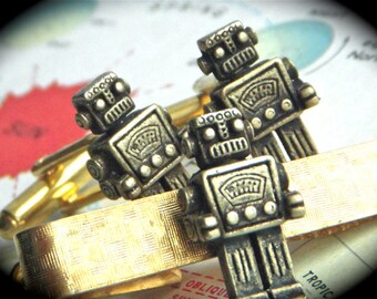 Brass Steampunk Robot Cufflinks & Robot Tie Clip Brass Plated Men's Accessories Cuff Links Set Of 3 Originals From Cosmic Firefly