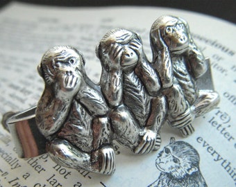 Men's Tie Clip Silver Monkeys Tie Bar Silver Tie Bar Gothic Victorian Steampunk Speak See Hear No Evil Original Men's Steampunk Style Gifts