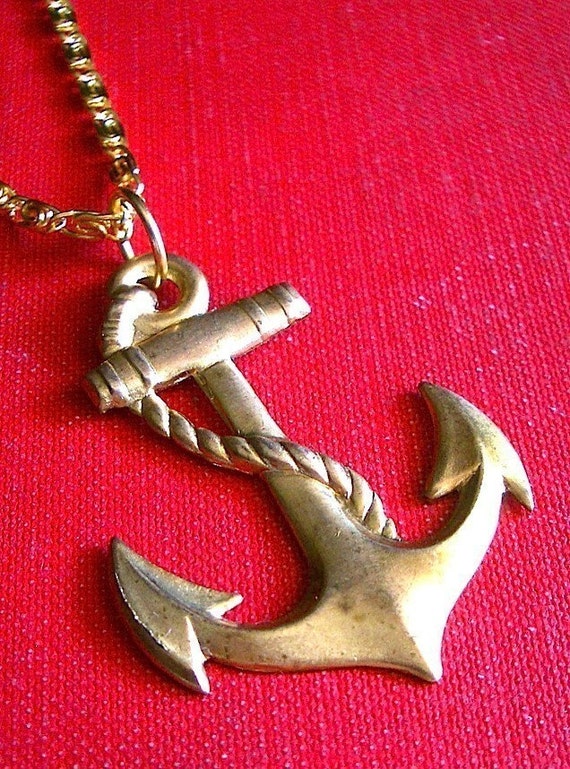 BIG ANCHOR PENDANT NECKLACE Vintage Nautical Design Gold