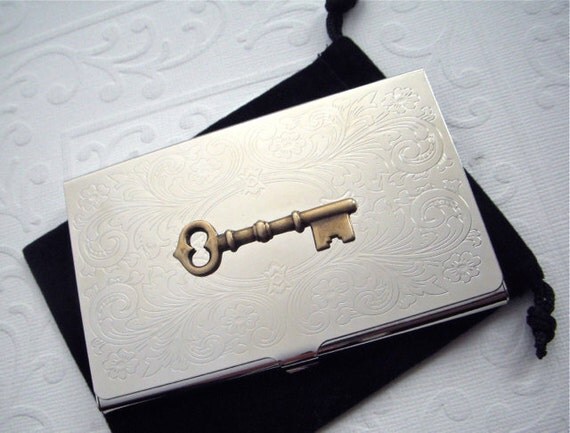 Silver Business Card Case Skeleton Key Thin Slim Mixed Metals
