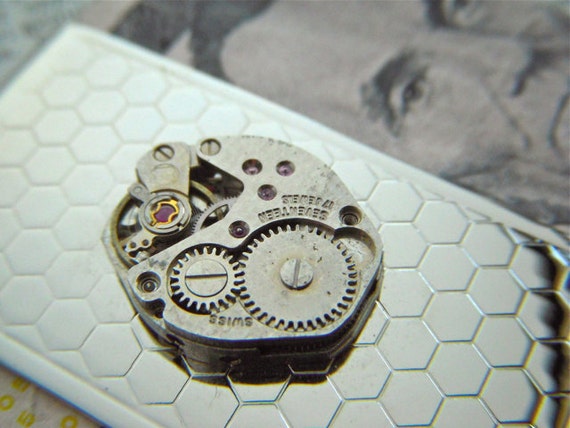 Steampunk Money Clip Bee Honeycomb Hexagons Pattern Industrial Silver Plated Art Deco With Vintage Antique Watch Movement Metal Wallet by CosmicFirefly steampunk buy now online