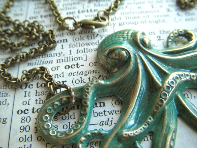 Big Octopus Necklace Rustic Painted Green Color Rustic Primitive Antiqued Brass Stamped Metal Long Rolo Chain