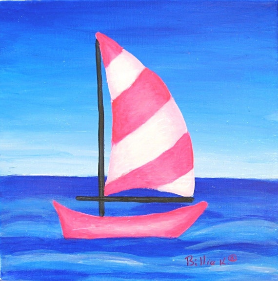 Hot Pink Sailboat Original Playroom Art Children's Room