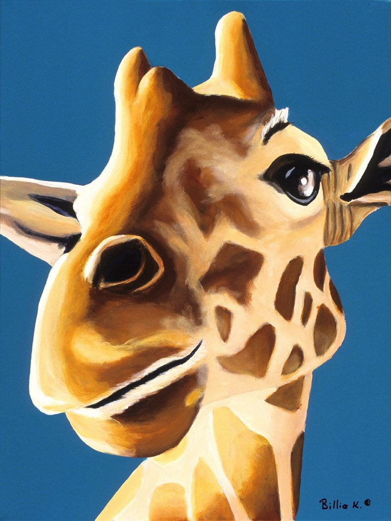 Giraffe Painting Canvas Wall Art. Blue Baby Room Artwork