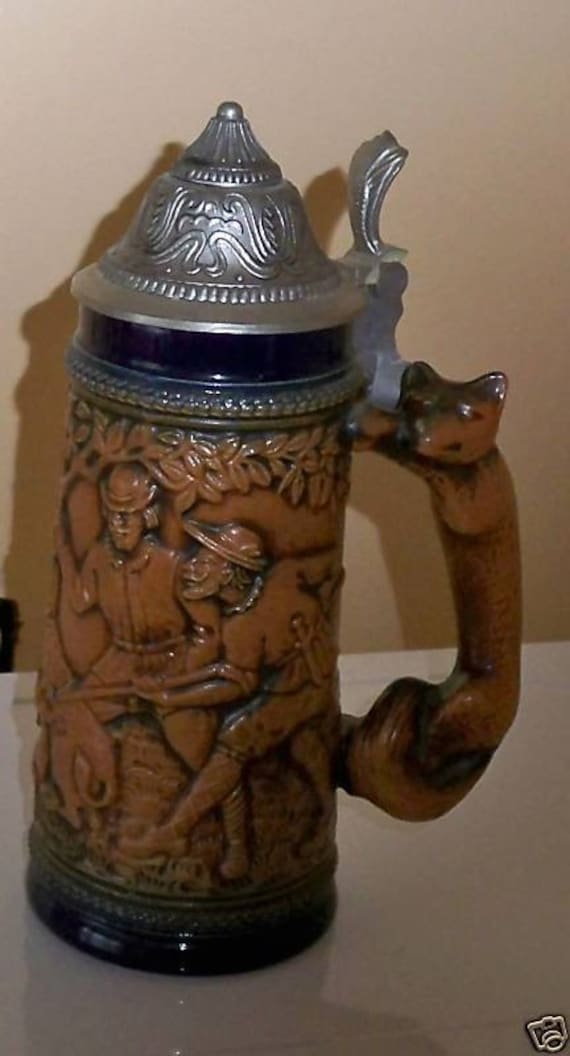 Gerz West Germany Hunter Fox Handle Lidded Beer Stein