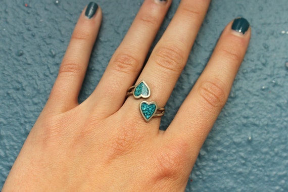 Adjustable Vintage Sterling Inlaid Turquoise Heart Ring Size 9