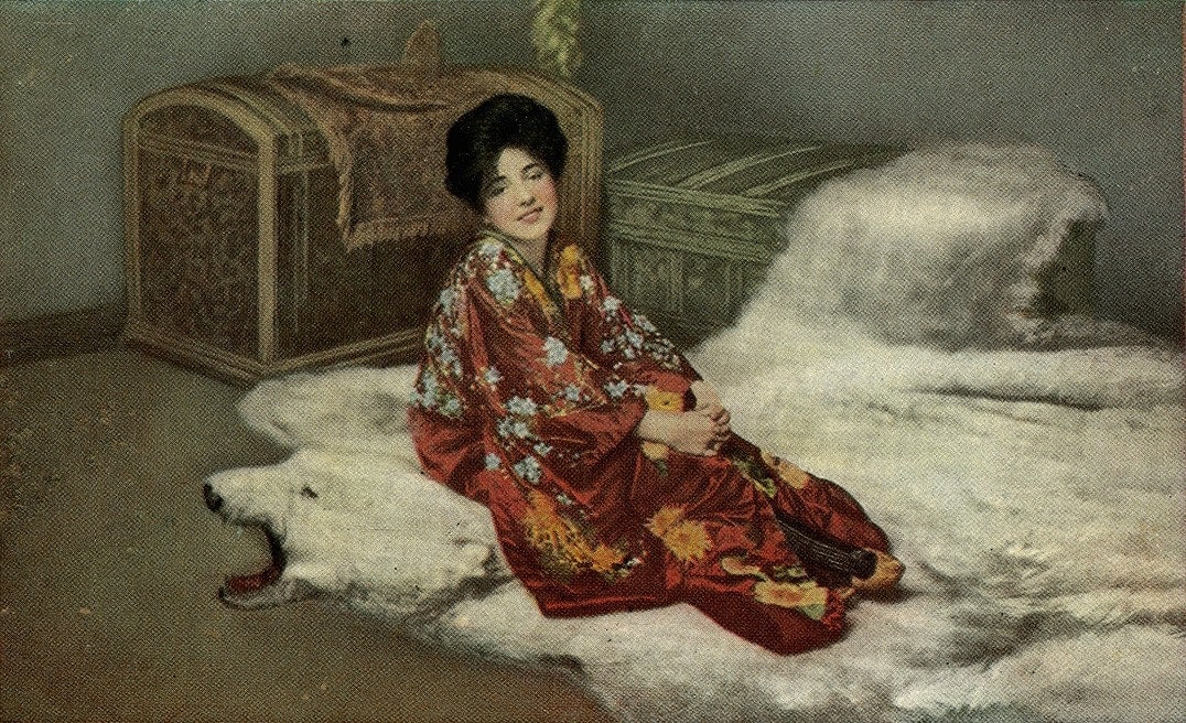 Kimono Girl On Bear Skin Rug Vintage Postcard