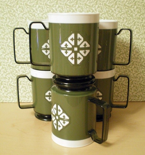 Set of 6 Retro Footed Coffee Mugs Chalet by TheBakersDaughterToo