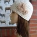 Cream wool crochet beanie hat with chiffon rhinestone flowers by Irish granny