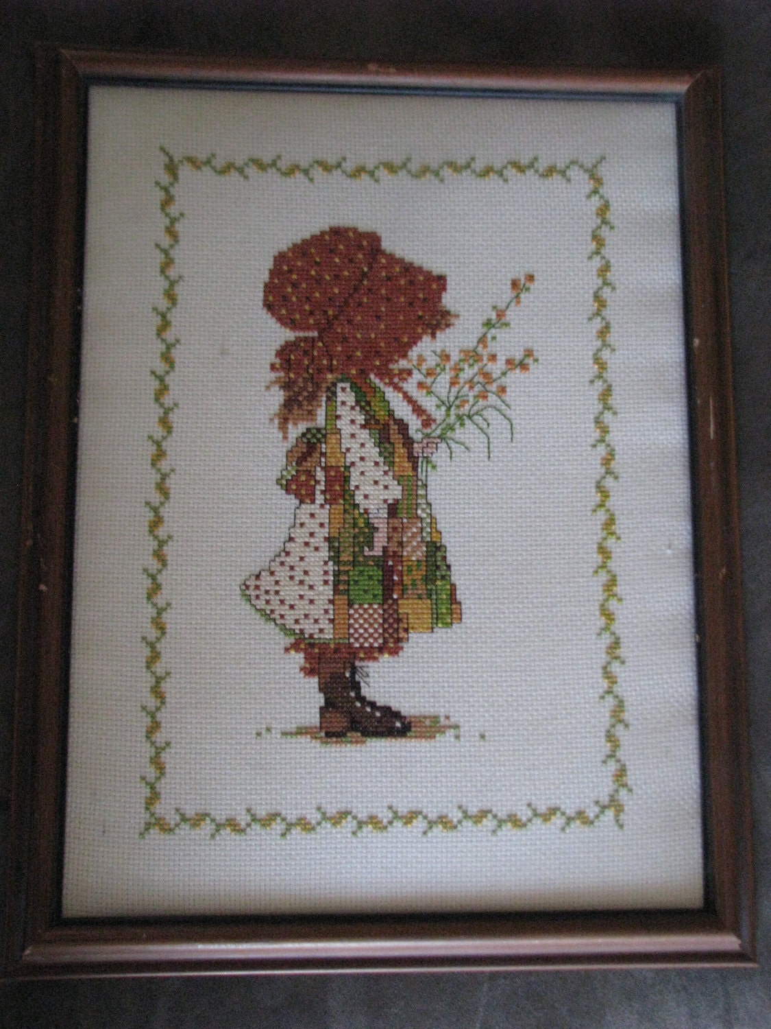 Vintage Holly Hobbie Cross Stitch Wall Hanging