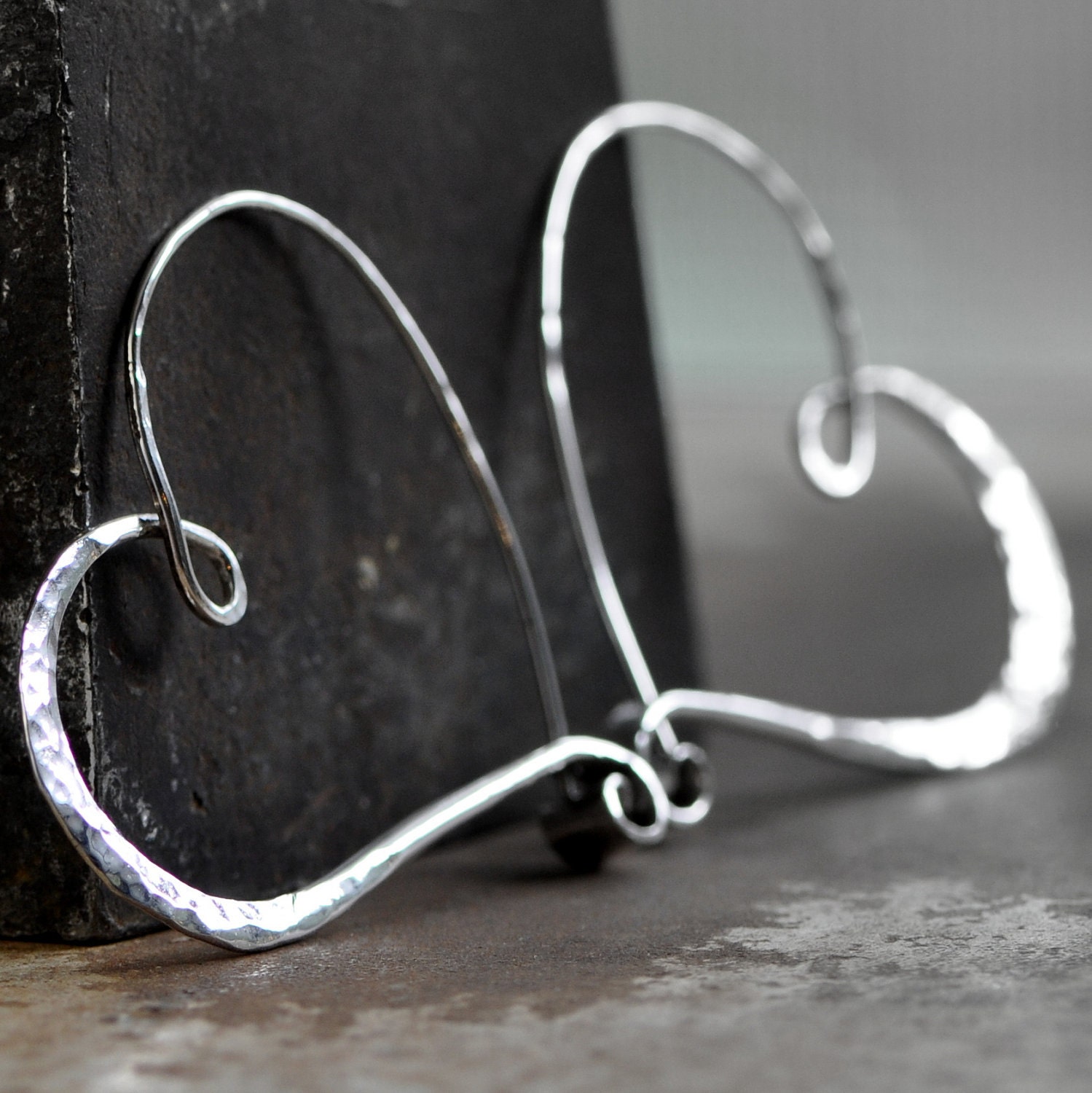 Large Silver Heart Hoop Earrings Hammered Sterling Silver 2992