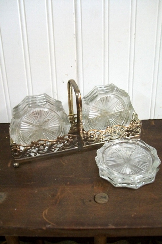Vintage Glass Coaster Set With OrnateTarnished Caddy
