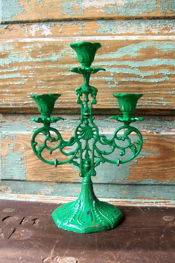 Upcycled Candelabra Grass Green Candle Holder by VintageInColour
