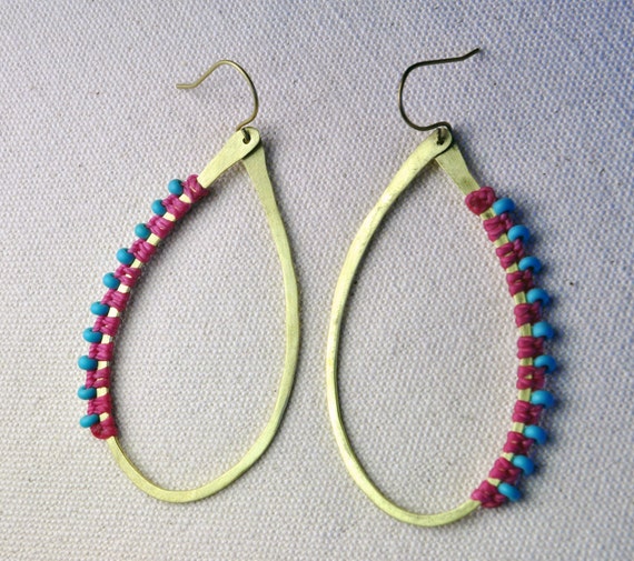 Hammered & Wrapped Brass Hoops in Pink/Turquoise