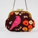 Mushroom purse - Etsuko pink bird on brown - metal frame handbag with shoulder strap