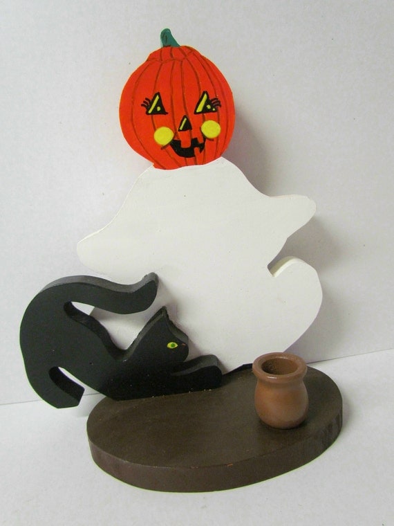 Wooden Halloween Pumpkin Ghost with Black Cat Candle Holder