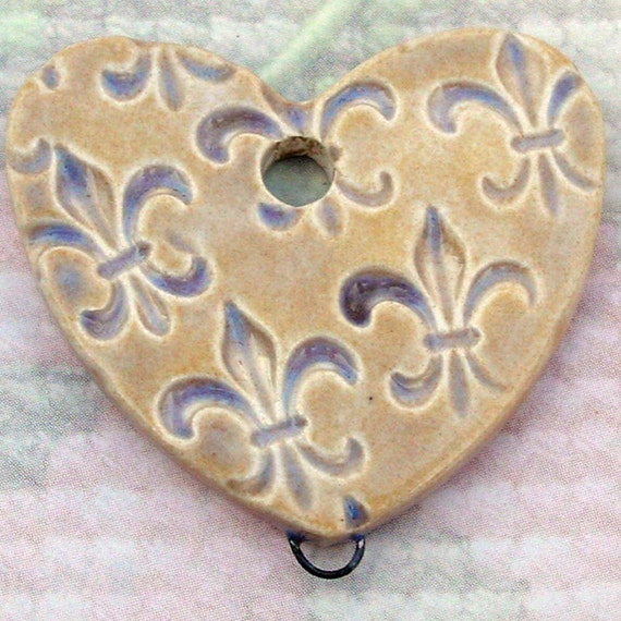 Fleur De Lis Heart Pendant - Ceramic Focal Pendant