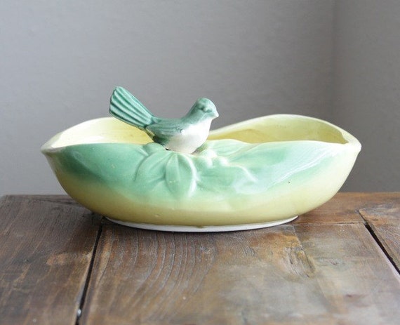 Vintage McCoy Green Bird Yellow Pottery Dish Planter by impulseART