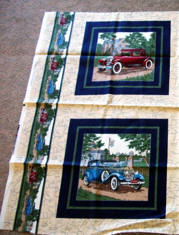 Fabric Cotton Vintage Cars Antique Cars Pillow Panel Wall