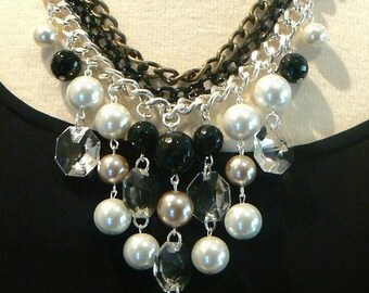 Bib necklace bubble statement necklace pearl and crystal necklace black and white mixed chains evening necklace-Belle Lumiere Necklace