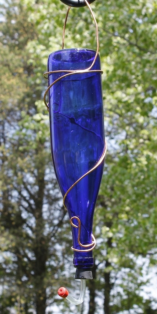 Recycled Bottle Hummingbird Feeder Blue Wine bottle with