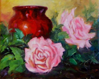 Small Still LIfe Painting Pink Roses Red Vase 10x10 Canvas Original Painting by Cheri Wollenberg