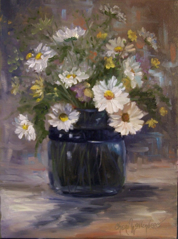 Daisies in Clear Blue Vase Original Oil Painting 9x12