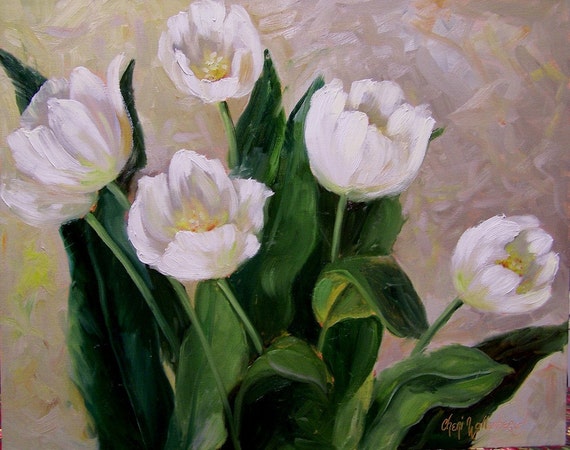 White Tulips Original Oil Painting by ChatterBoxArt on Etsy