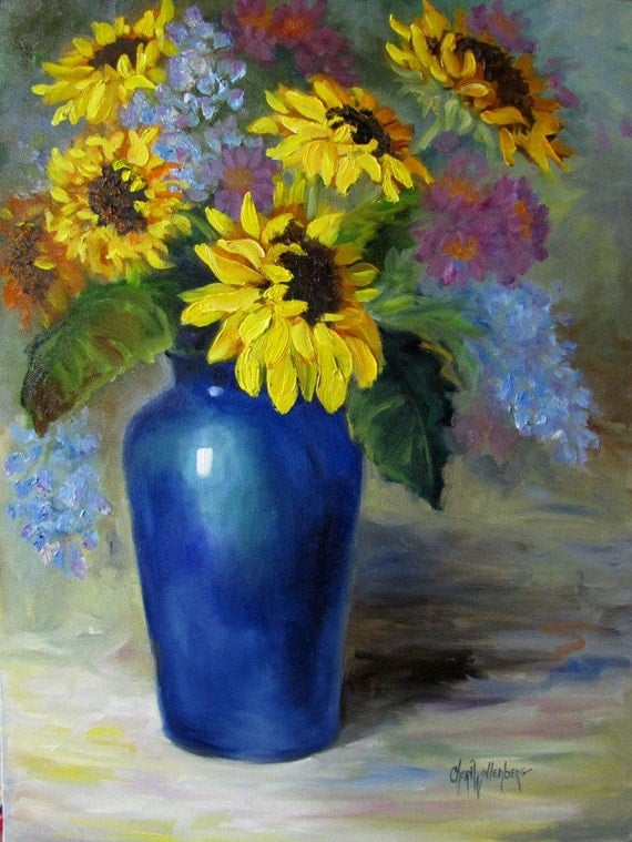 Sunflowers in Cobalt Blue Vase Original Oil Painting