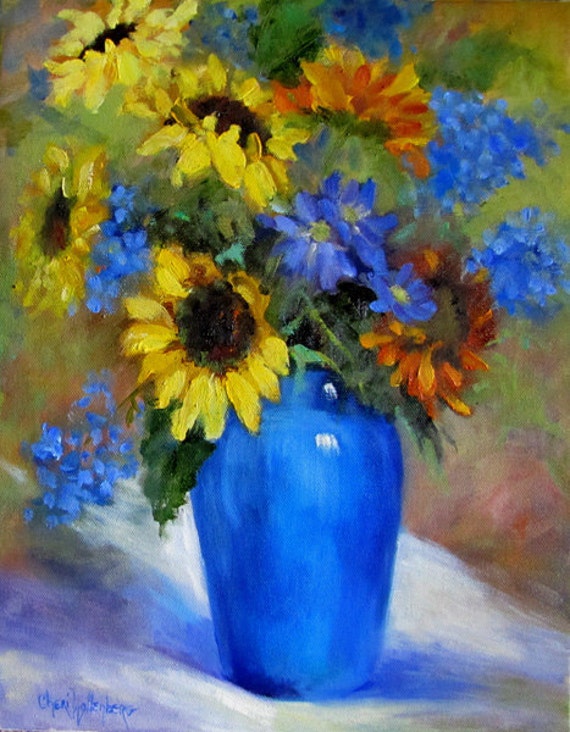 Cobalt Blue Vase and Sunflowers Still Life by OilPaintingsByCheri