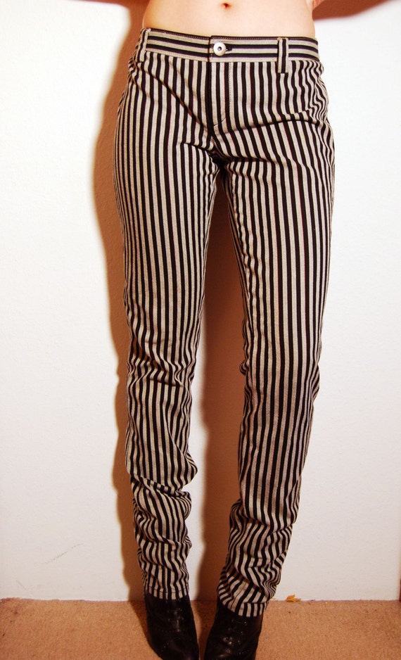 blue and white vertical striped pants