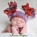 Knit Newborn girl square double tassell hat in FLORA. Newborn photo prop.