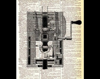 MOVIE CAMERA art print antique illustration retro cinema film on upcycled dictionary book page black white industrial wall decor 8x10, 5x7