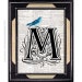 Letter M Alphabet Typography art print on vintage dictionary book page, Text ART, Ornate Initial monogram M with Blue Bird 5x7