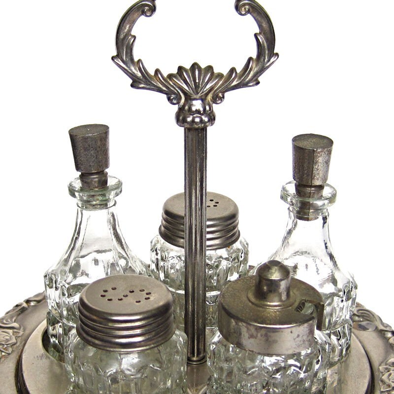 Condiment Cruet Set 5 glass pieces silver turntable tray