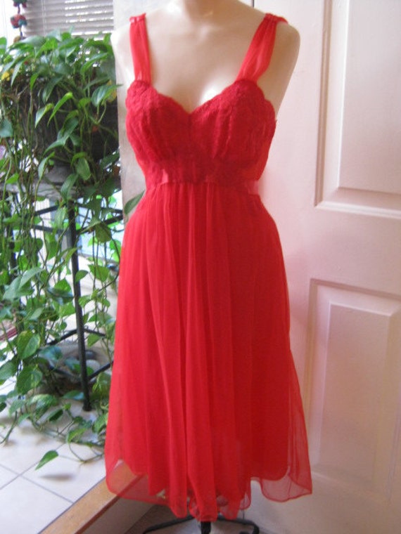 Red hot knee length sheer and lace empire nightie by lovinglola