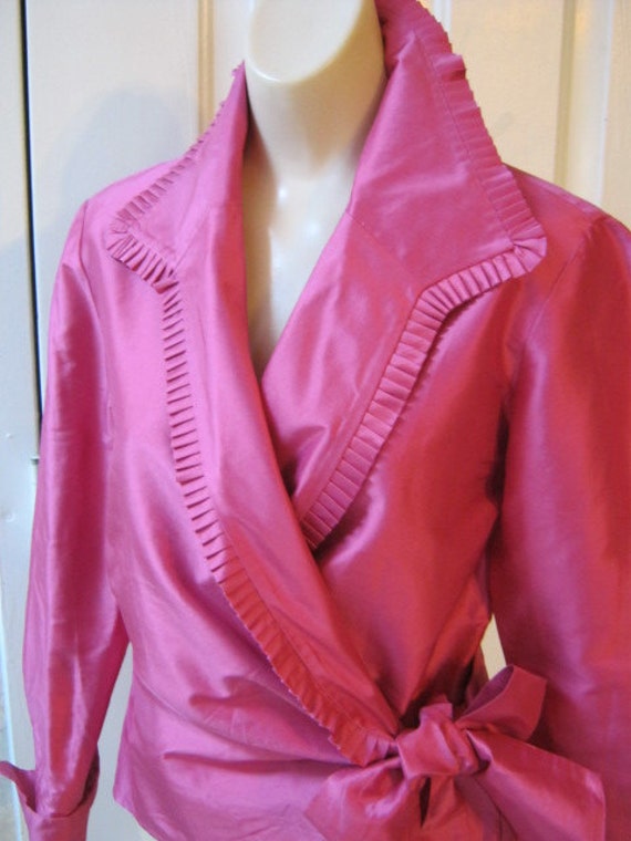 Rich dark pink silk wrap ruffled evening blouse by Dana