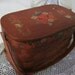 Vintage wooden woven basket bag, woven wood basket bag with strawberry detail, strawberry painted picnic basket handbag