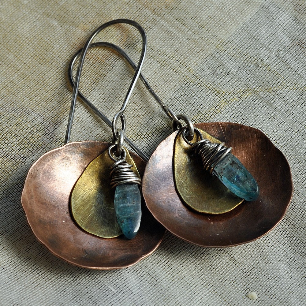 Handmade Hammered Copper Disc with kyanite Drop Earrings