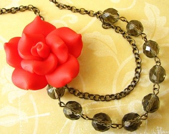 Bridesmaid Jewelry Flower Necklace Crystal Necklace Grey Jewelry Beaded Necklace Red Jewelry Bridesmaid Gift