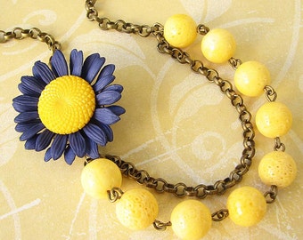 Flower Necklace Navy Blue Jewelry Statement Necklace Yellow Jewelry Bridesmaid Jewelry Set Bib Necklace