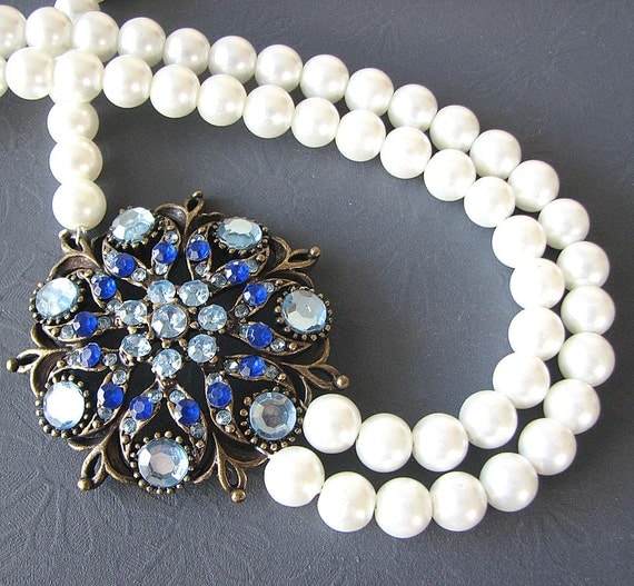 Bridal Jewelry Sapphire Necklace Pearl Wedding Jewelry Navy Blue Statement Necklace Double Strand Royal Blue Necklace Bridesmaid Gift Set
