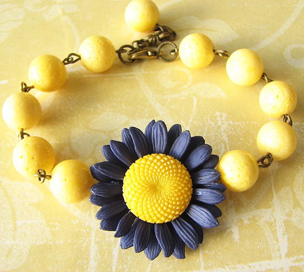 Flower Necklace Navy Blue Jewelry Statement Necklace Yellow