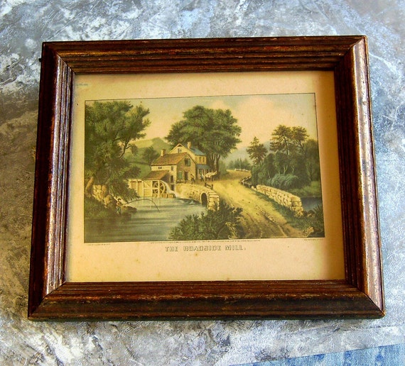 Vintage Currier and Ives Print The Roadside Mill In Wood