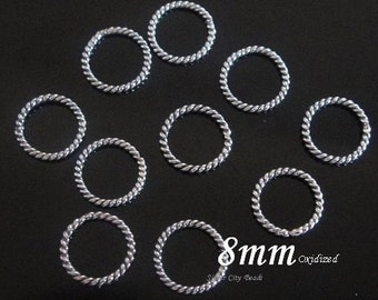 Sterling Silver Jump Rings, 20 Pcs, 8mm Bali Oxidized Twisted Wire Jump Rings - 20ga wire Closed