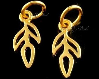 Vermeil Sprouts, SALE, 2 Pcs -24K Vermeil Open Work Sprout Charm- 12 x 5 x 1.2