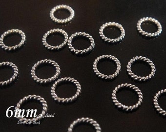 Sterling Silver Jump Rings, 10 pcs, 6mm Bali Oxidized Twisted Wire Jump Rings, Closed
