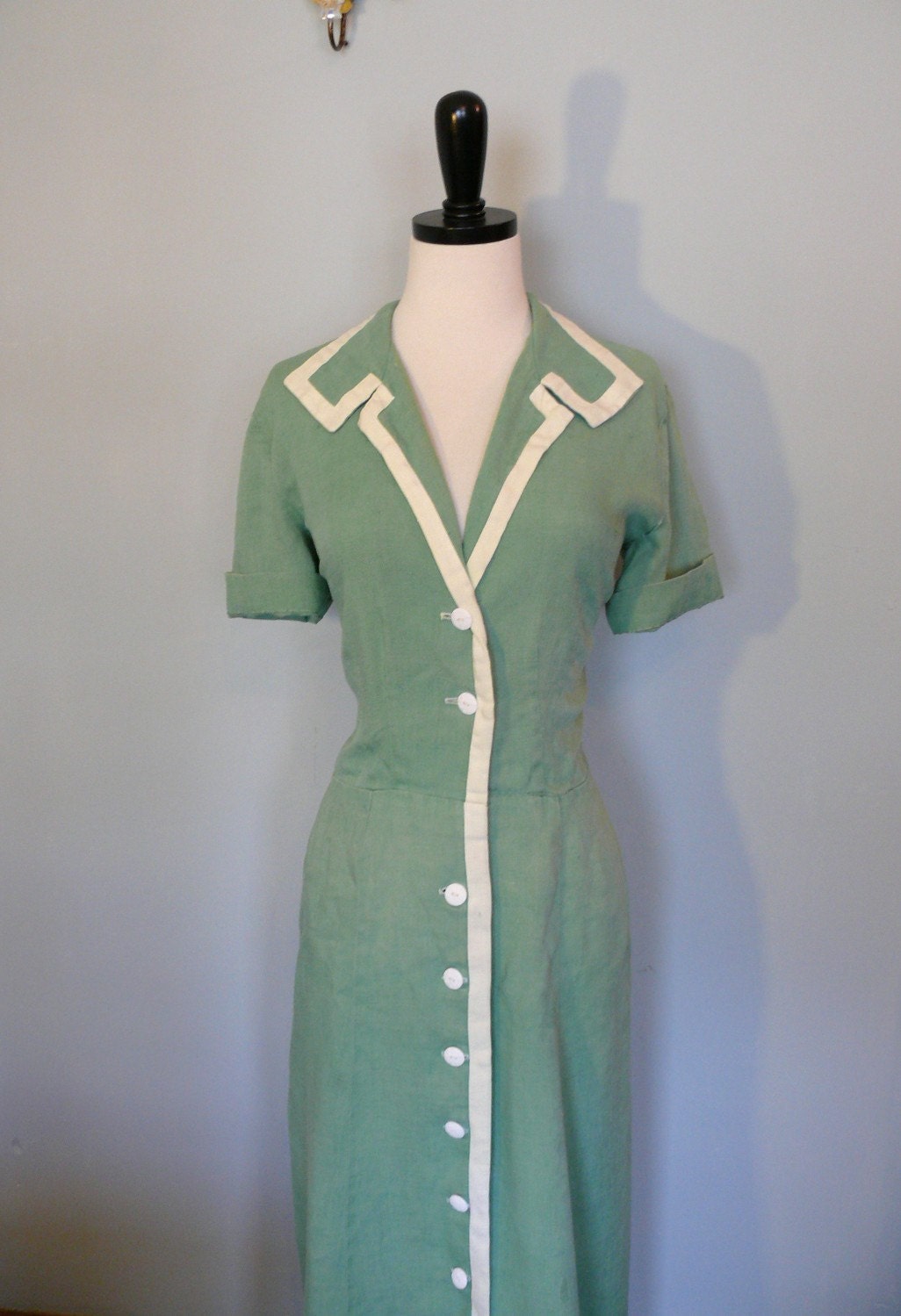 1940's Green Dress with Cream Details