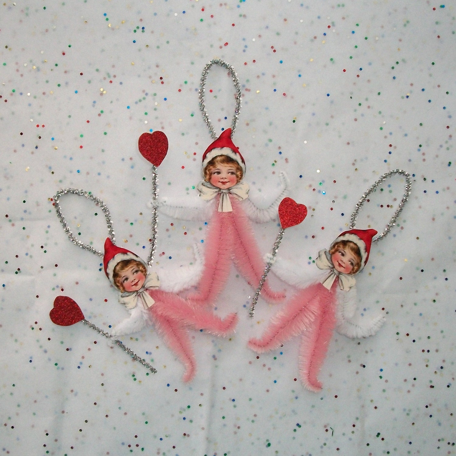 Valentine Vintage Style Chenille Ornaments Red Heart Set of 3