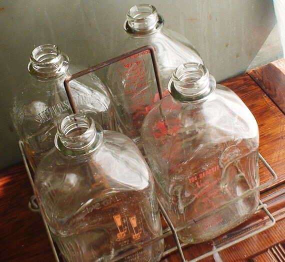 Vintage Glass Milk Bottles with Metal Case